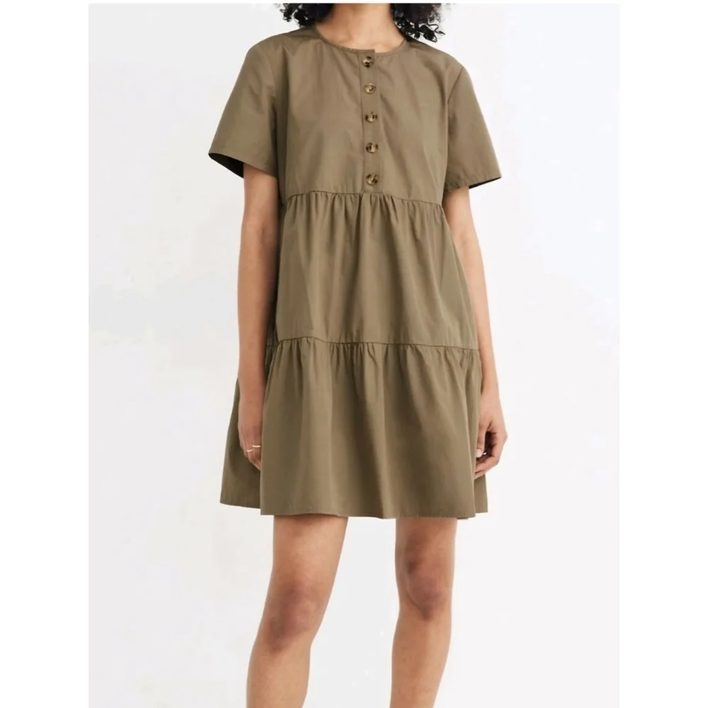 Madewell Baby Doll Button-Front Short-Sleeve Tiered Mini Dress Olive Green M - Picture 1 of 6